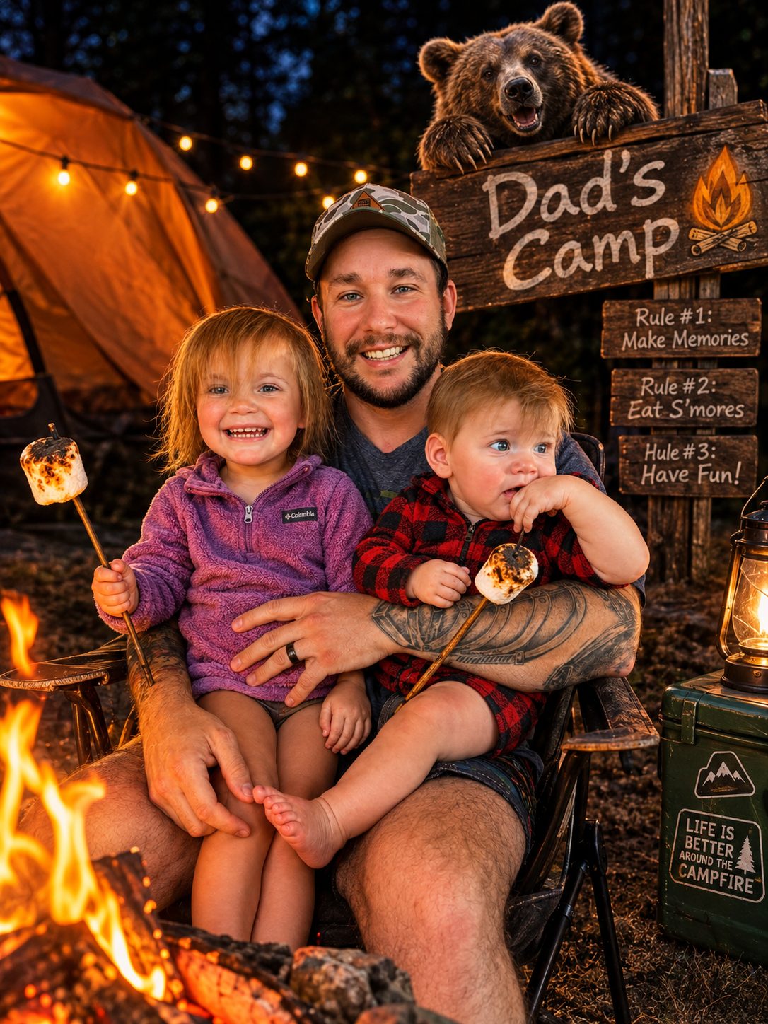 Andrew sitting by a campfire with his two children roasting marshmallows under a wooden Dad’s Camp sign, a bear peeking over the top.