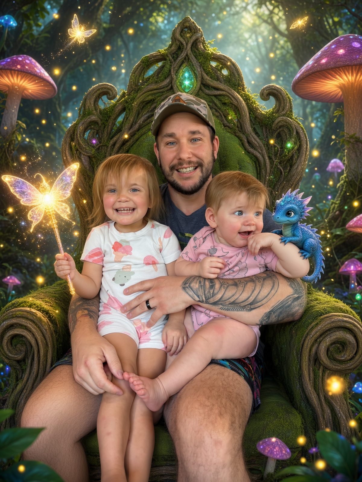 Andrew seated on a mossy forest throne with his two children, one holding a glowing wand, a small blue dragon on the younger child’s arm.