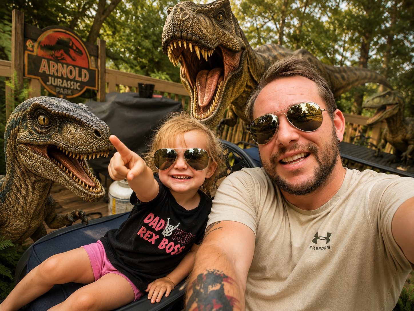 Andrew and his daughter in sunglasses taking a selfie at Arnold Jurassic Park, with a velociraptor and T. rex behind them.