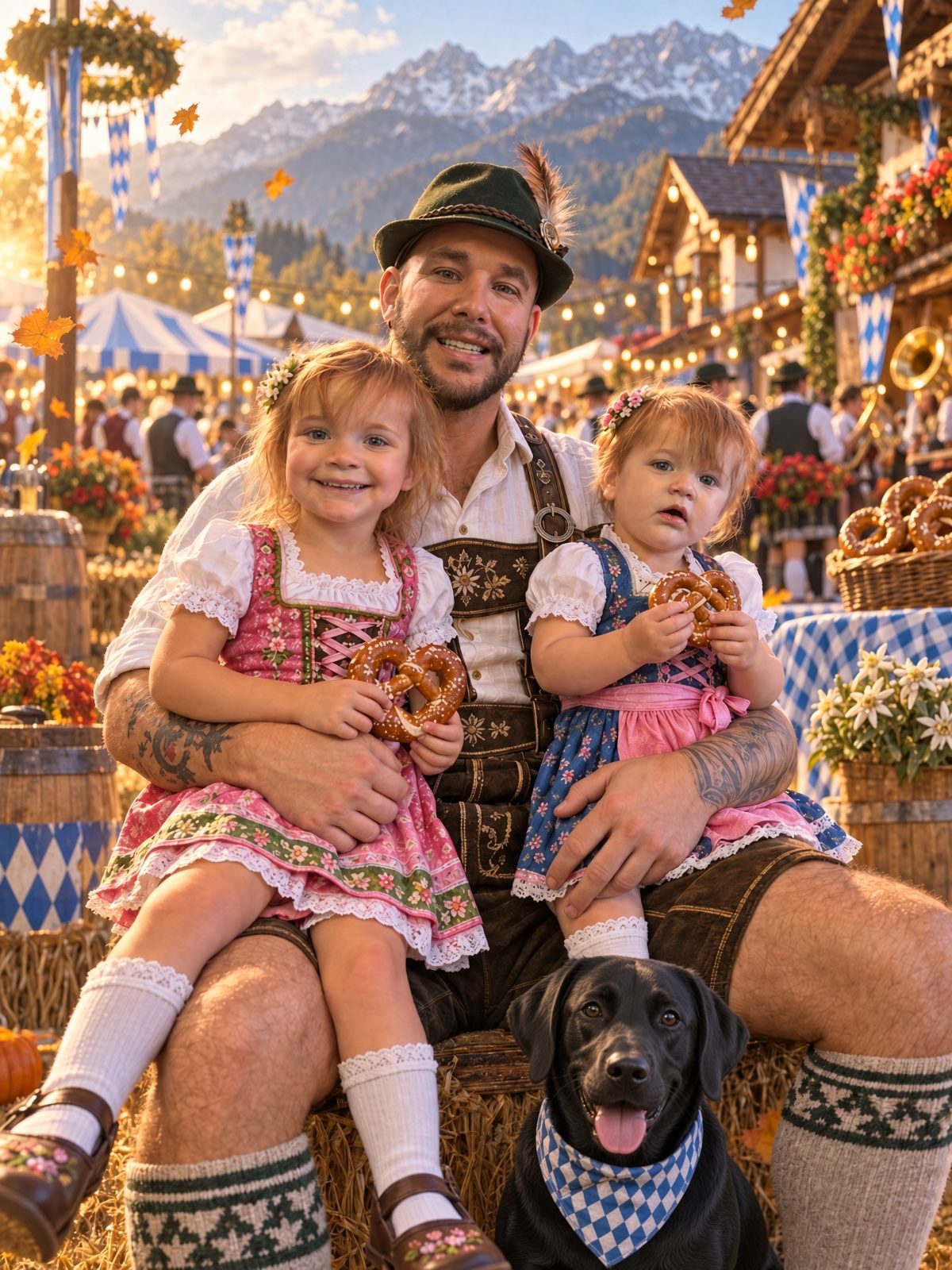 Andrew in lederhosen with his two daughters in dirndls, holding pretzels, a black Labrador in a blue checkered bandana at their feet.